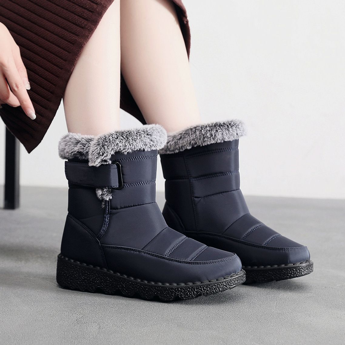 Women's High-Cut Winter Snow Boots With Faux Fur Lining, Waterproof Umbrella Fabric, PU Anti-Slip Sole, Adjustable Hook & Loop Closure (EU 36-45)_desvips.com