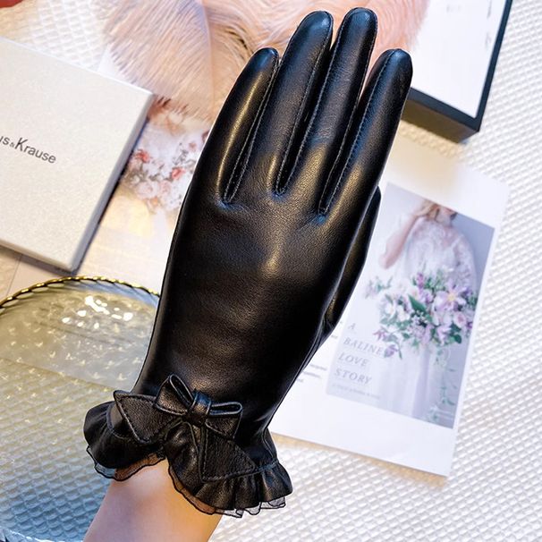 Genuine Leather Gloves For Women, Autumn And Winter, Fleece-Lined, Thickened, Warm, Touchscreen, Driving, Riding,_desvips.com