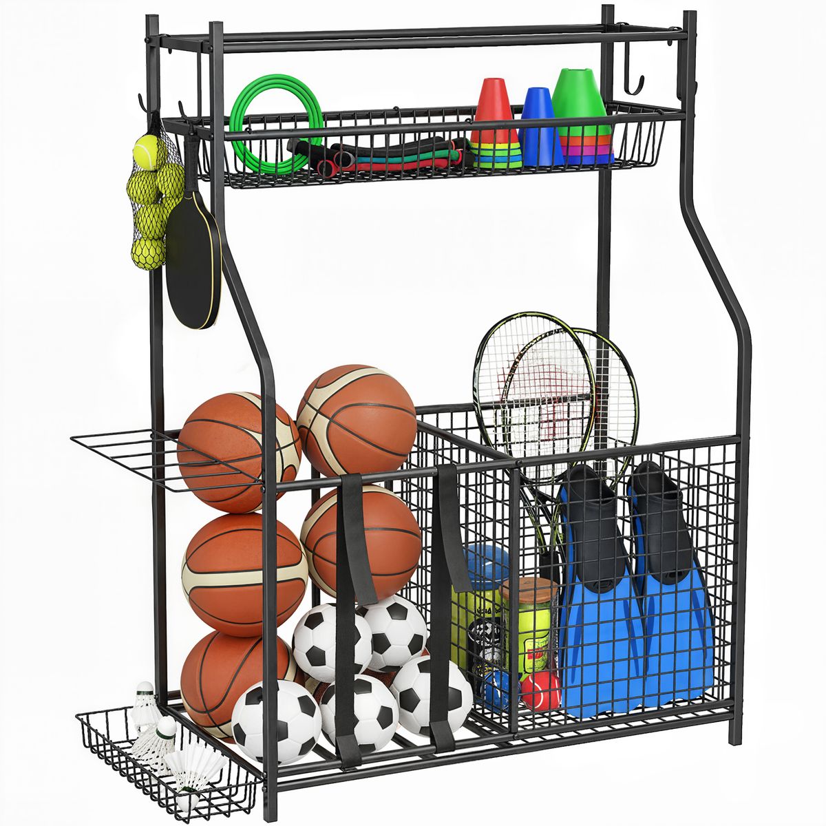 Organizador De Equipos Deportivos Con Cesta Ganchos Extraibles Y Bandas Elásticas Para Balones De Baloncesto Y Fútbol_desvips.com