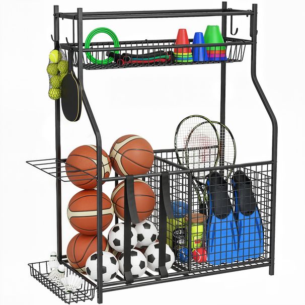 Organizador De Equipos Deportivos Con Cesta Ganchos Extraibles Y Bandas Elásticas Para Balones De Baloncesto Y Fútbol_desvips.com