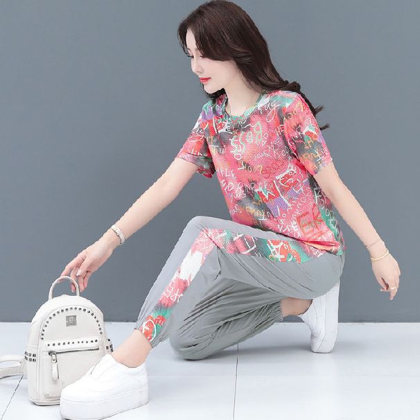 Summer Ice Silk Casual Sports Suit For Women 2026 New Korean Style Printed Trendy Fashionable Long Pants Two-Piece Set_desvips.com