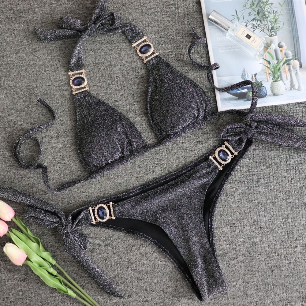 Sexy Shiny Special Fabric Swimwear Crystal Diamond Bikini Gold Lace Up Women's Swimwear_desvips.com