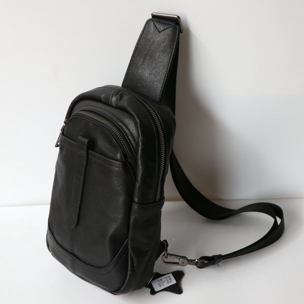 Black Leather Chest Bag Youth Outdoor Sports Business Casual Fashion All-Matching Vertical Top Layer Cowhide Pure Color_desvips.com