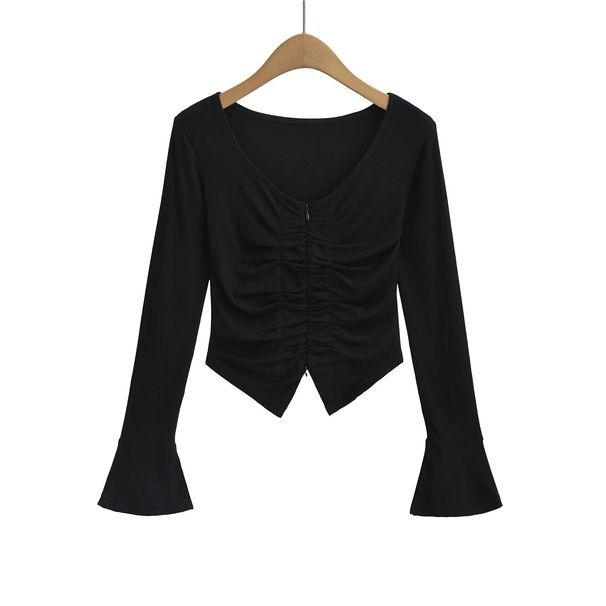 New European And American Style Women's Clothing, Niche Hot Girl Double Zipper Slit Ruched T-shirt, Pure Desire Base Top_desvips.com