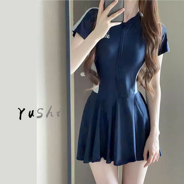Elegant One-Piece Skirt Swimsuit For Women, Conservative Short Sleeve, Tummy Covering, Slimming, Sun Protection, Student_desvips.com