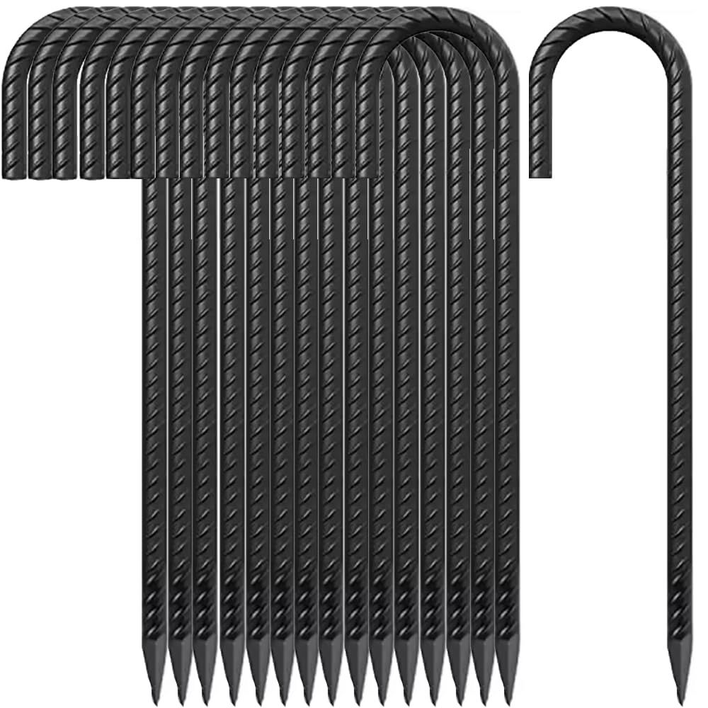 12 Inch J-Shaped Rebar Ground Stakes, 16-Pack Metal Tent Stakes For Fences, Position Kits, And Trampolines (Black)_desvips.com