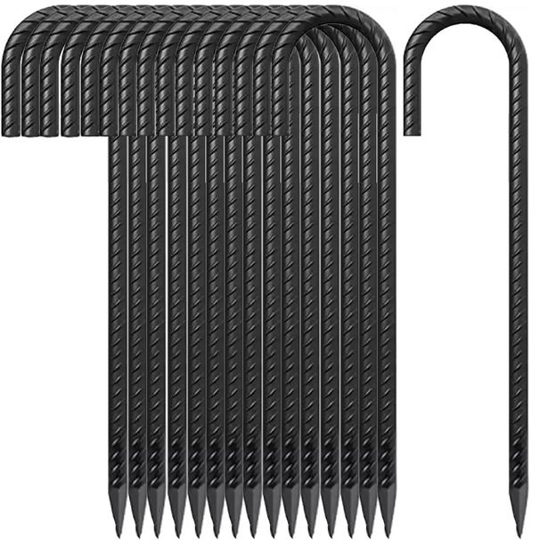 12 Inch J-Shaped Rebar Ground Stakes, 16-Pack Metal Tent Stakes For Fences, Position Kits, And Trampolines (Black)_desvips.com