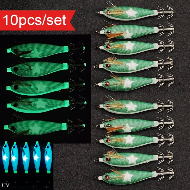 10pcs Horizontal Squid Jig Egi Set 8cm Luminous Glow In The Dark Wood Shrimp Lure UV Reactive Saltwater Cuttlefish_desvips.com