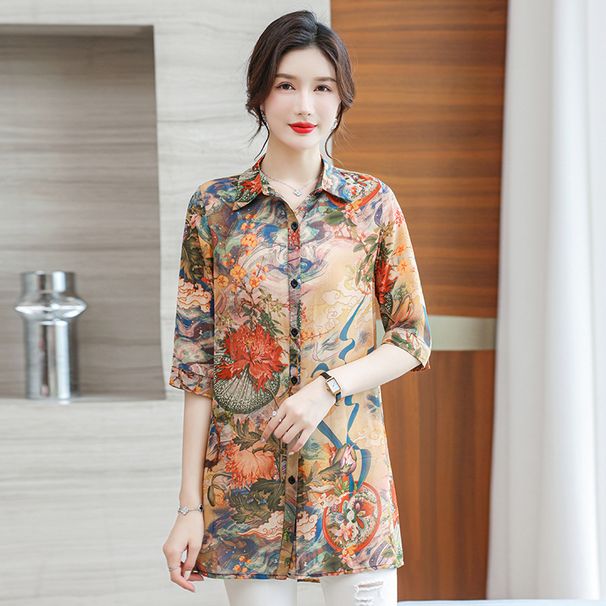 Sun Protection Clothing Women's Summer Print Chiffon Mid Long Length Air Conditioning Cardigan Thin Cloak Coat Outer_desvips.com