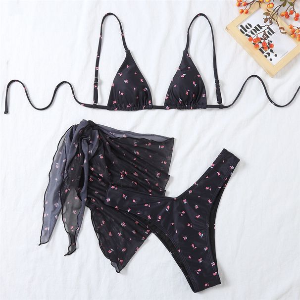 Blue Floral Print Holiday Swimwear String Triangle 3 Piece Bikini Set Sexy Swimsuit Women Biquinis 2026 Bikinis De Mujer_desvips.com
