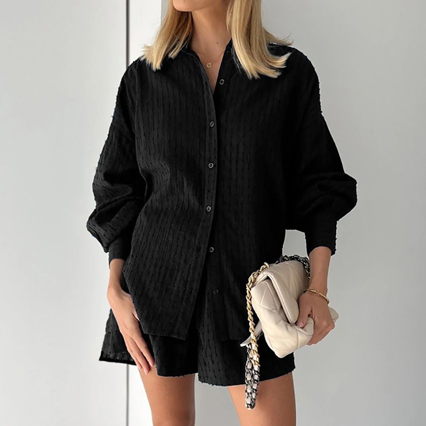 Hollow jacquard niche French long-sleeved suit shirt shorts casual women's design white_desvips.com