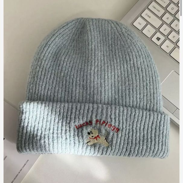 Cute Puppy Embroidery New Knitted Warm Face-Enhancing Ear-Protecting Autumn Winter Wool Versatile Cold Hat_desvips.com