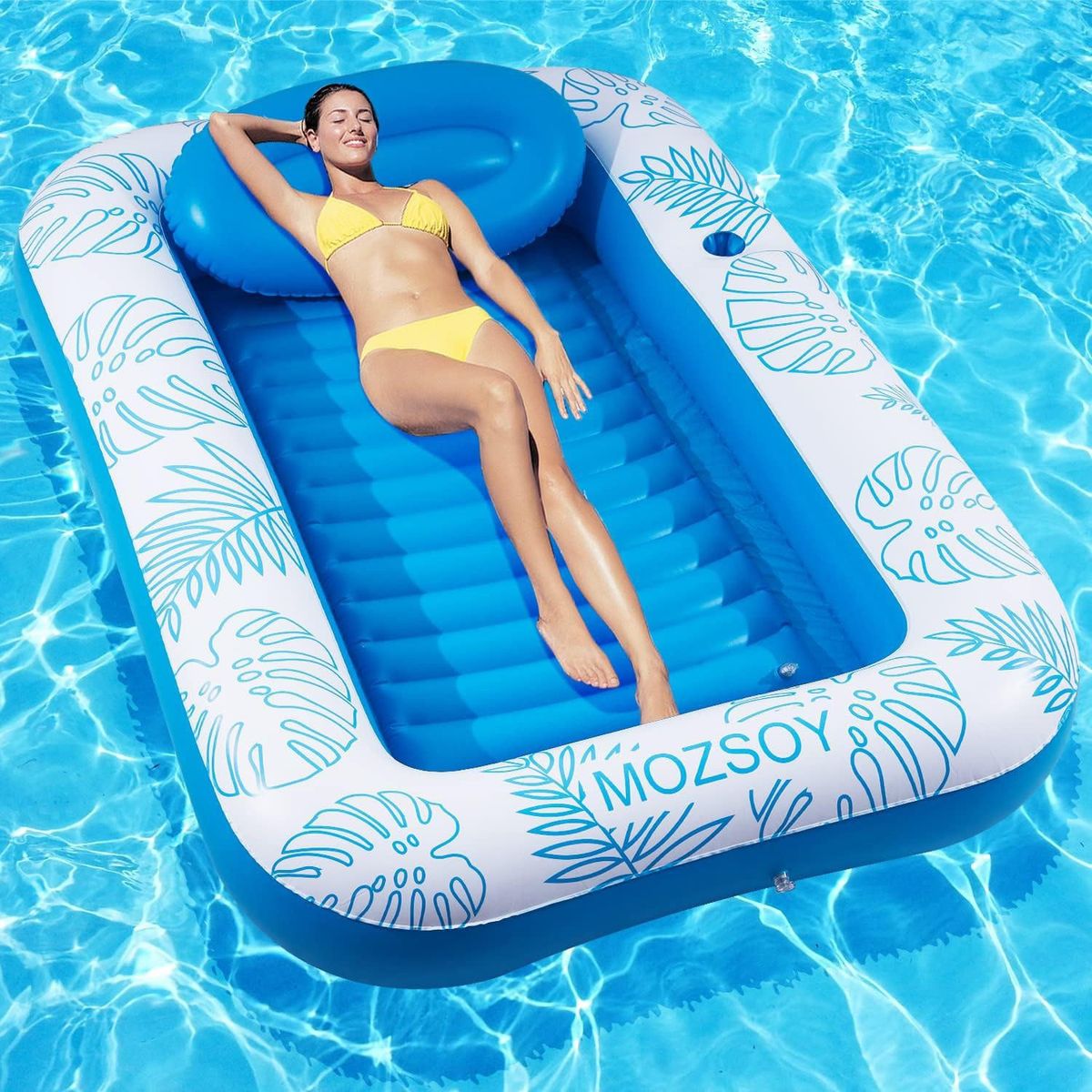 Inflatable Double Floating Row Adult Luminous Swimming Ring Led Solar Luminous Tanning Pool Blue Maple Leaf Hole Floating Bed_desvips.com