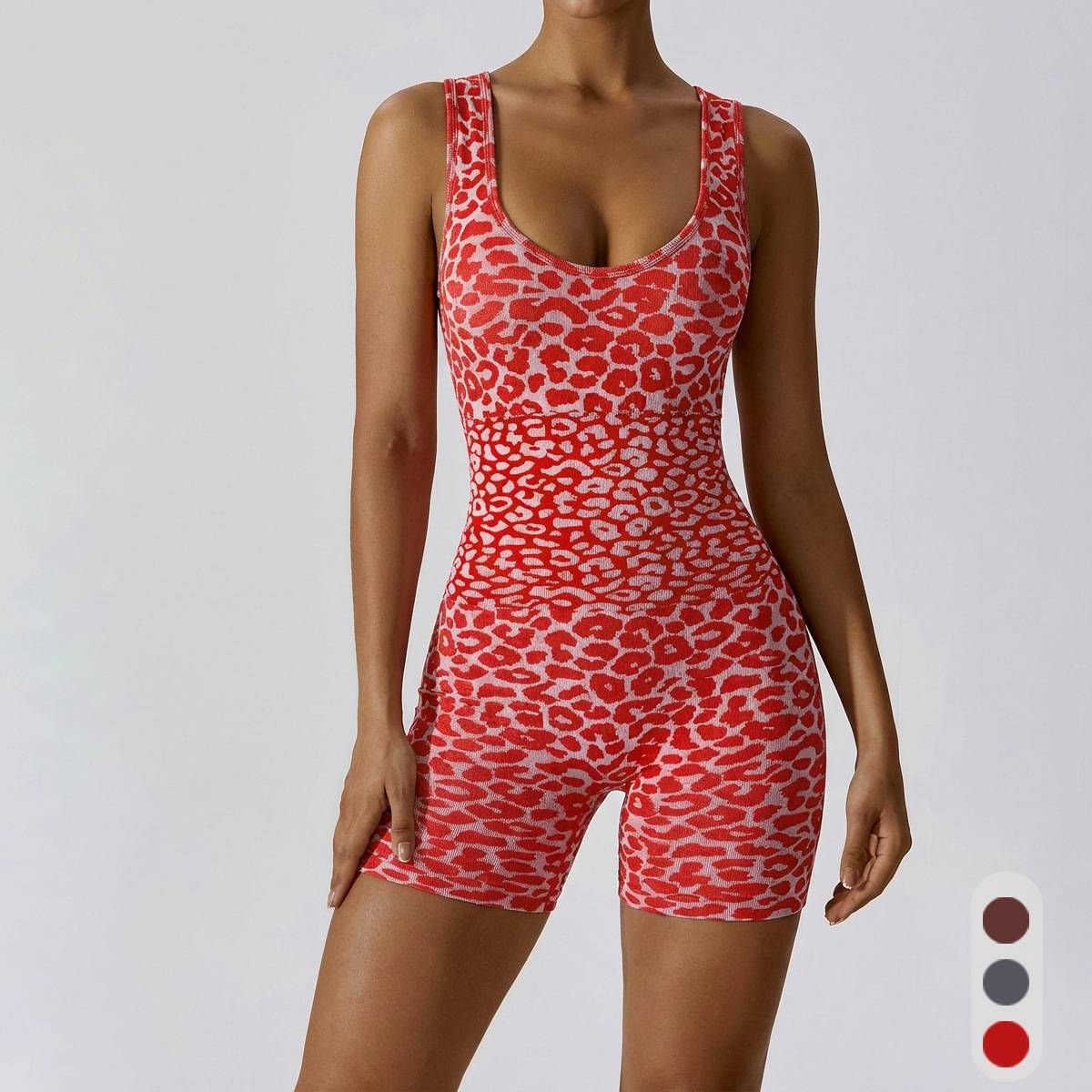 Seamless Sports Yoga Jumpsuit Shorts for Women High Elastic Tummy Control Tight Fitting with Fashionable Leopard Print Design_desvips.com