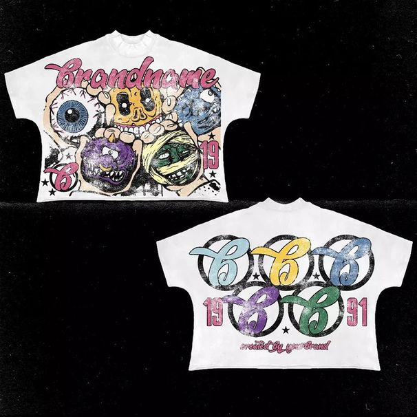 2025 Cool Kids New BRANDNAME Graffiti Front And Back Print Terry Cotton Five-Sleeve T-Shirt Round Neck Top_desvips.com
