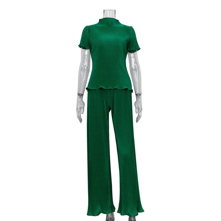 Women's Clothing slim T-shirt high waist blue pleated mopping pants casual _desvips.com