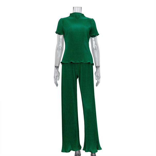 Women's Clothing slim T-shirt high waist blue pleated mopping pants casual _desvips.com