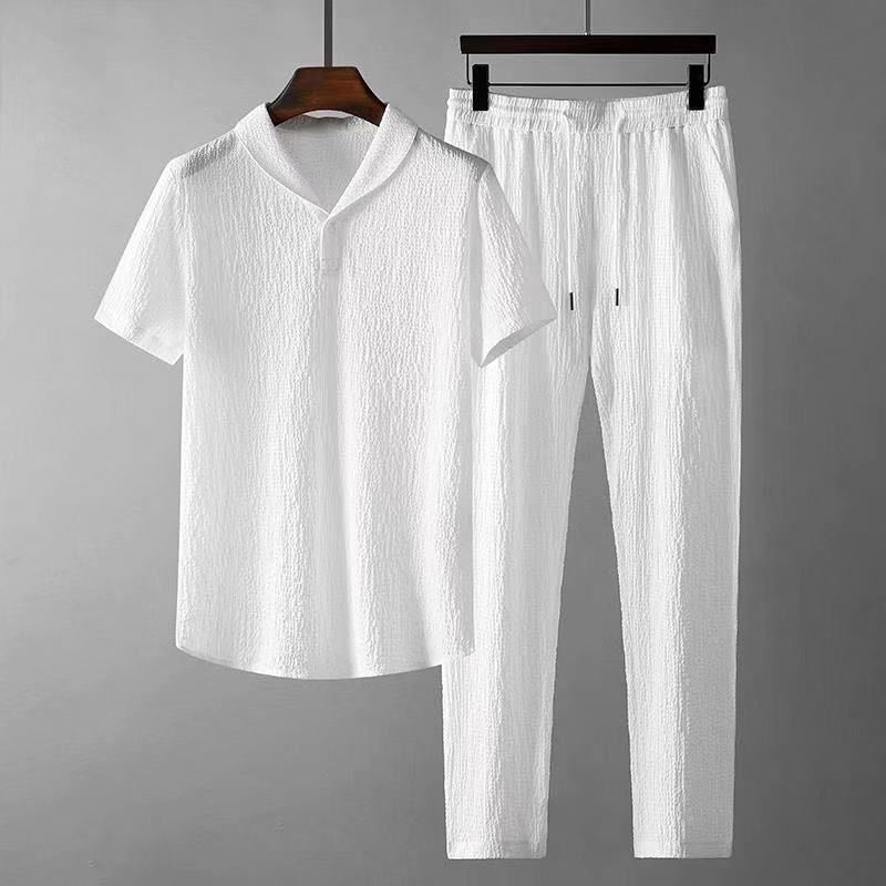 Men's Clothing White Casual Sports Suit For Men In Summer With Lapel, Fashionable, Light Luxury, Pleated Two-piece Suit, Thin And Handsome, Trendy_desvips.com