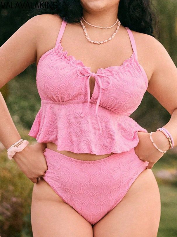2026 Lady Strapped 2 Piece Plus Size Bikini Women Ruffle Push Up Large Swimsuit Pink Chubby Swimwear Beach Curvy Bathing_desvips.com