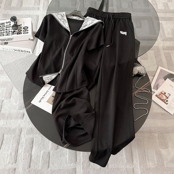 Trendy Internet-Famous Casual Sports Outfit For Women, Summer Fashionable Slim-Fit Sweatshirt And High-Waisted Wide-Leg_desvips.com