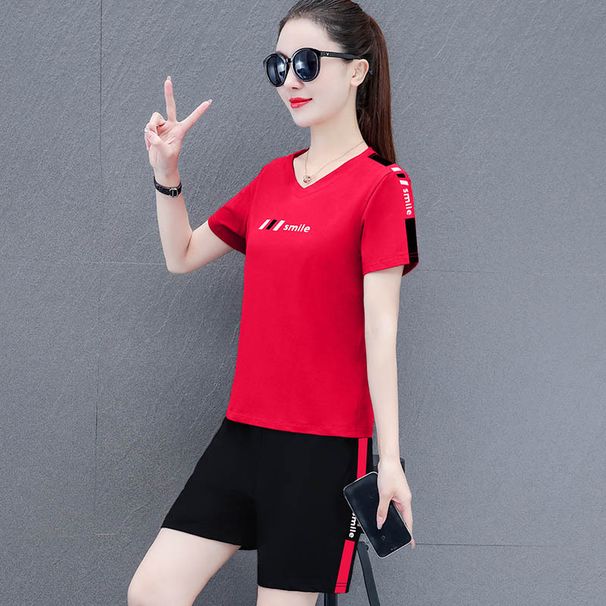 Summer Women's Loose Sports 95% Cotton V-Neck T-Shirt + Shorts Fashionable Casual Short Sleeve Set_desvips.com
