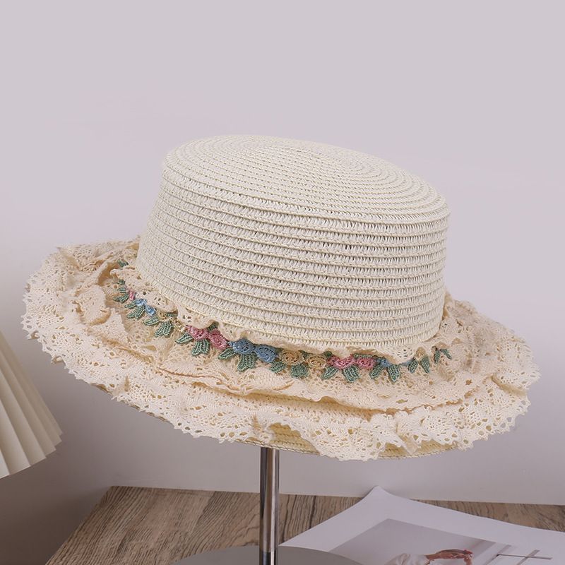New Spring/Summer French Lace Trimmed Straw For Women, Casual Flat-Top Sun Hat, Beach Hat_desvips.com