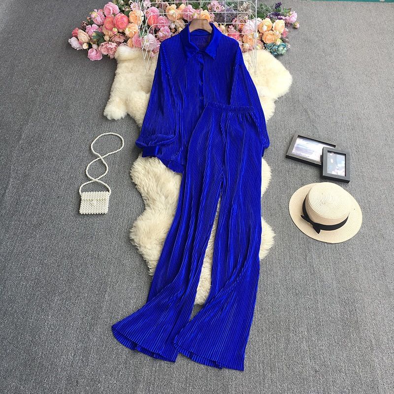 Women's Fashion Clean Color Shirt Two-piece Set Of High Waist Vertical Vertical Wide Leg Pants_desvips.com