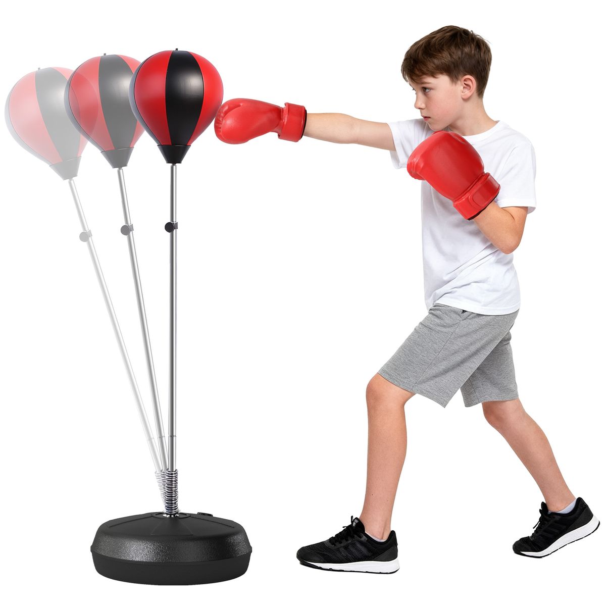 Set Punching Ball Da Terra Per Adolescenti Con Guantoni E Pompa, Altezza Regolabile Da 126-144 Cm_desvips.com