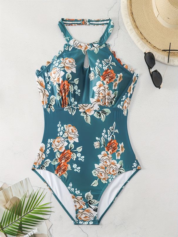 Women's Floral Cutout One-Piece Swimsuit - Sexy High-Leg Monokini With Adjustable Straps (Quick-Dry & Tummy Control)_desvips.com