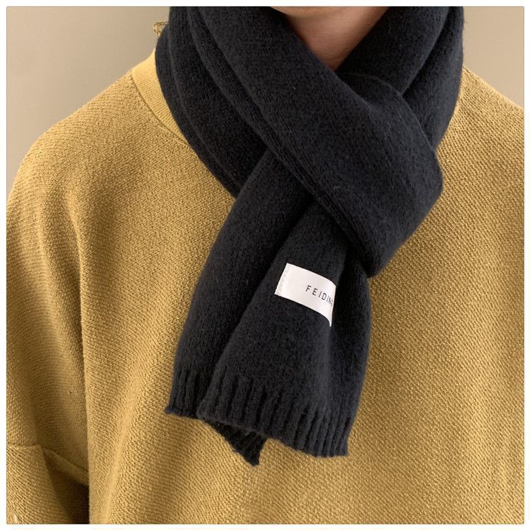 Solid Color Flat Scarf Autumn Winter Men's Knitted Wool Korean Japanese Style Couple Fashion Thickened Warm Trendy Neck_desvips.com
