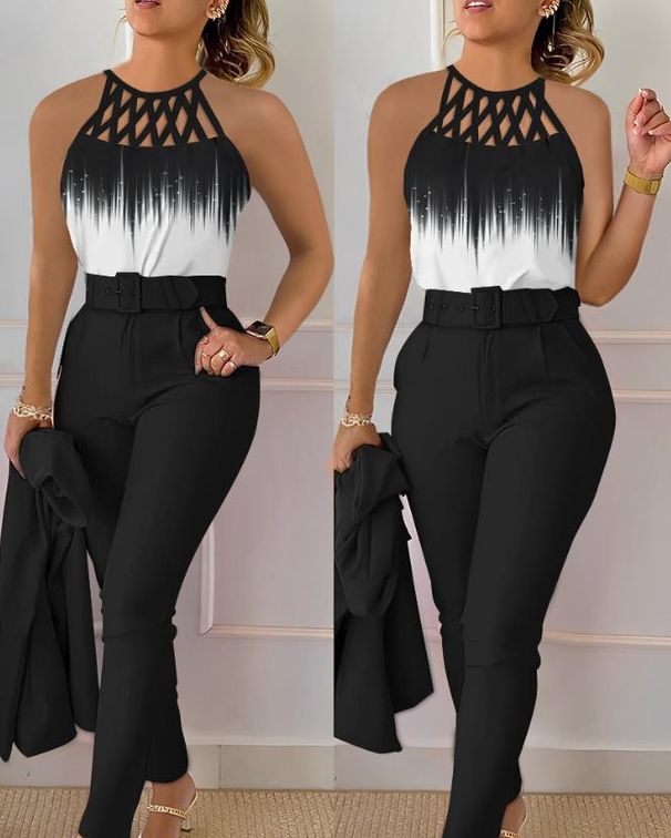 Women's Clothing autumn and summer temperament commuting print cross strap gradient top + solid color slim pants two piece set_desvips.com