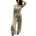 Women's clothing fashion solid color lace short long-sleeved top wide-leg pants two-piece set_desvips.com