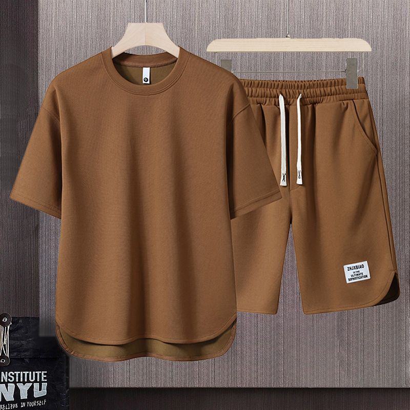 Men's Clothing Summer fashion brand new short sleeved T suit men's loose large size shorts set advanced handsome waffle two piece suit_desvips.com
