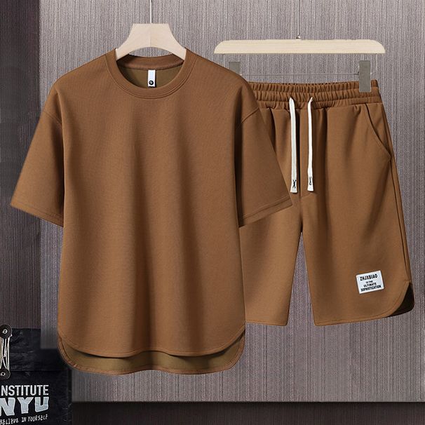 Men's Clothing Summer fashion brand new short sleeved T suit men's loose large size shorts set advanced handsome waffle two piece suit_desvips.com