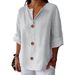 Women's Linen Blend V-Neck Blouse, 3/4 Rolled Sleeve Button Down Shirt, Casual Loose Fit Tunic Top For Daily/Office/Summer, Breathable Ligh Oberteile _desvips.com