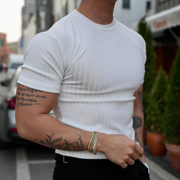 Instagram Trendy Muscle Men's Summer Sports Fitness Leisure Elastic Round Neck Short Sleeve Vertical Stripe T-shirt_desvips.com
