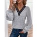 Women's Clothing Autumn and Winter New Solid Color Long Sleeve Lace V neck T shirt Women's Tops_desvips.com