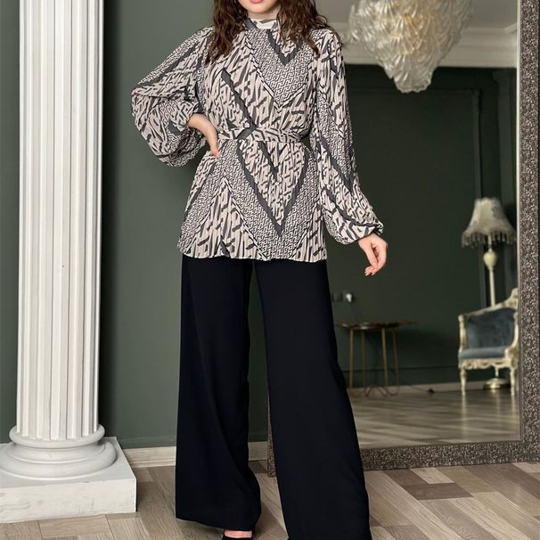 Women's clothing fashion pleated temperament puff sleeve shirt high waist wide leg pants suit_desvips.com