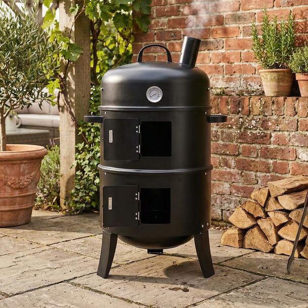 33-inch Vertical Charcoal Smoker And Grill, 2-in-1 Double Layer BBQ Smoker With Built-in Thermometer And Hooks, Heavy Duty Barrel Style Outdoor Grill_desvips.com