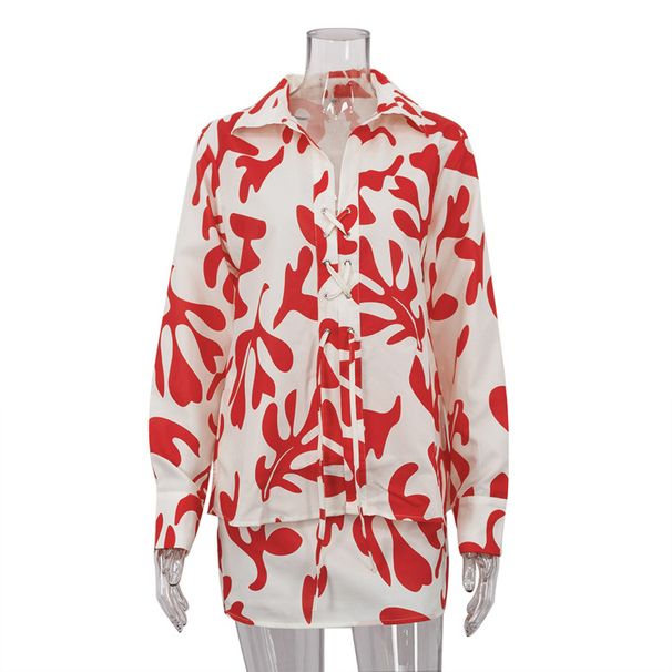Women's Clothing summer printed short skirt lapel loose women's shirt casual suit_desvips.com