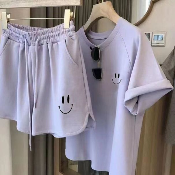 2025 Embroidered Smiley Face Casual Sports Suit For Women, Summer Loose Simple Fashionable Age-Reducing Two-Piece Set,_desvips.com
