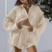 European American Style Women's Casual Two-Piece Set 2023 Summer New Long Sleeve Shirt Top And Shorts Sports Suit_desvips.com