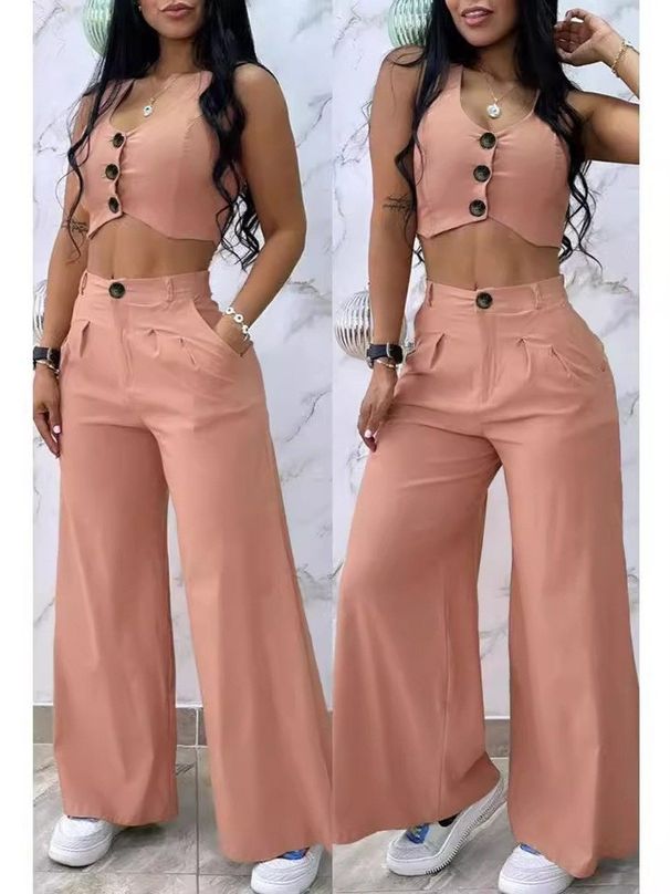 Women's clothing solid color short vest vest drape high waist wide leg pants suit_desvips.com
