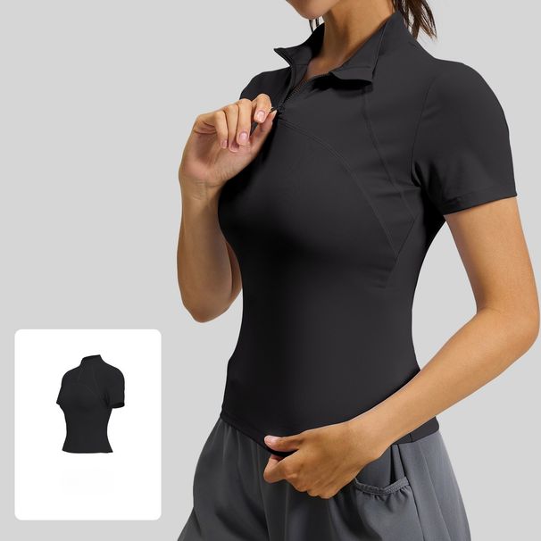 Outdoor Running Yoga Short Sleeve T-shirt Women's Half Zipper Slimming High Elastic Fitness Wear Top_desvips.com