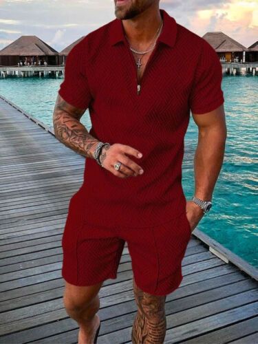 Men's Fashion Casual Suit 3D Printed Zipper Short Sleeve Polo Shirt Shorts 2-Piece Set_desvips.com