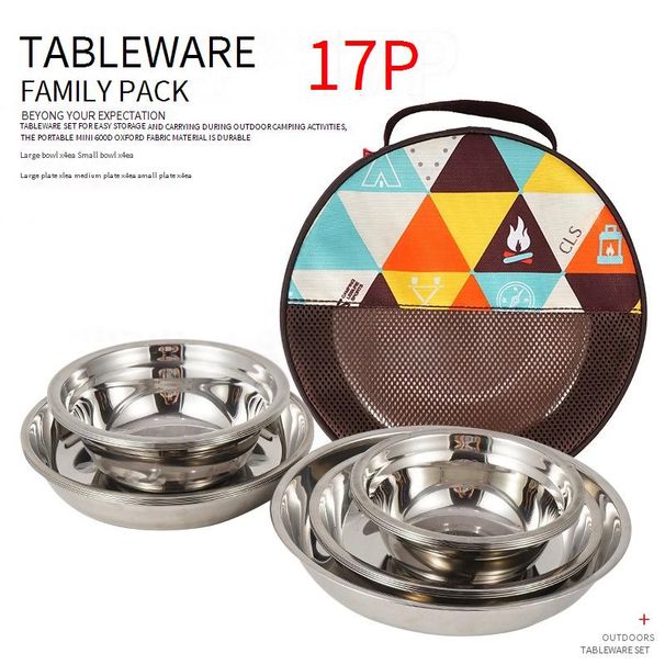 Outdoor Stainless Steel 17-Piece Dining Set - Camping Cookware With Grill Plate Soup Bowls & Plates Portable BBQ Utensils For Road Trips_desvips.com