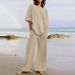 Lightweight Cotton Linen Lounge Set Women's Oversized T-Shirt & Wide Leg Pants_desvips.com