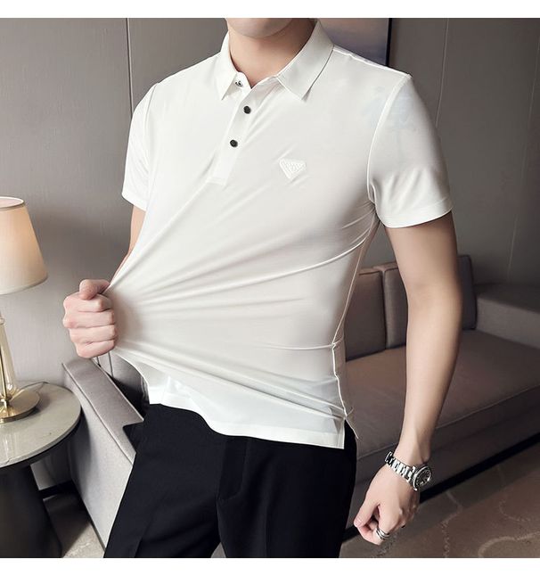 Summer Seamless Glue Free Ironing Short Sleeved Polo Shirt Men's Ice Silk Drape Trend Light Luxury Men's Lapel T Shirt_desvips.com