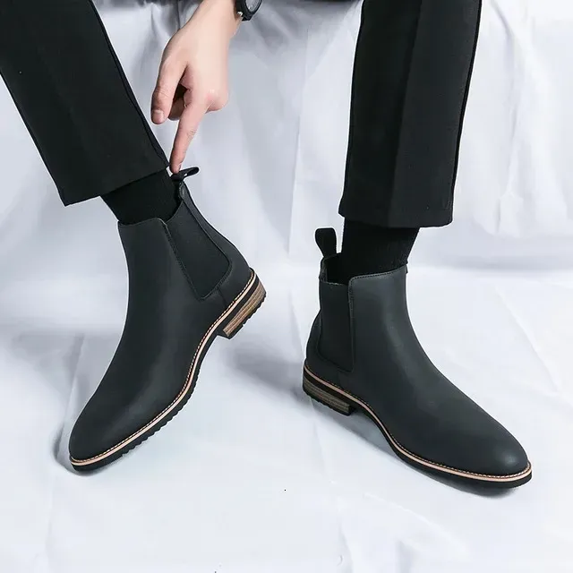 Solid For Men Color Slip On Ankle Boots Flat Short Toed Pointy High Top Pu Leather Shoes Ddmywed Ddmysaturn_desvips.com