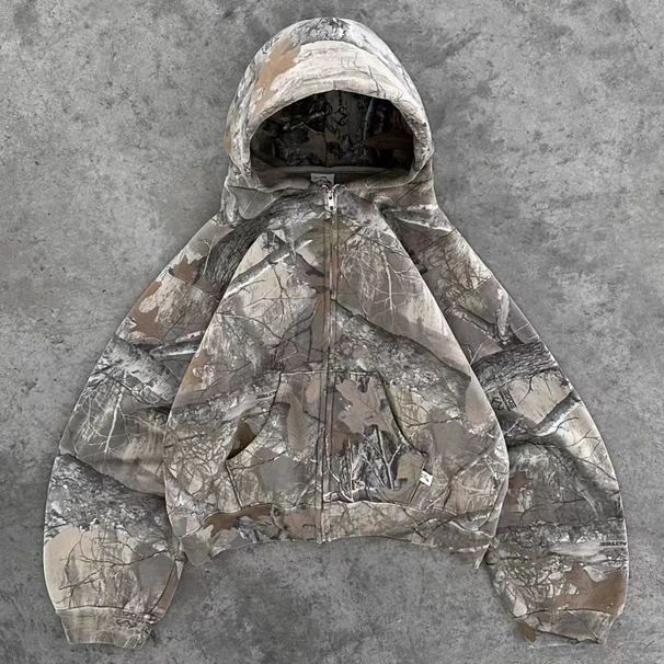 American High Street Washed Camouflage Maple Leaf Hoodie Unisex Spring Autumn New Hooded Sweatshirt Cardigan_desvips.com